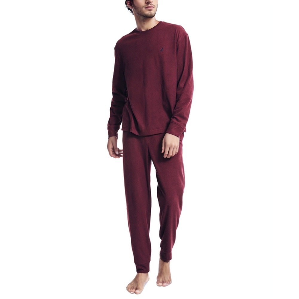 Nautica Pajama Set Mens Large Burgundy Waffle Knit Tee‎ Loungewear Joggers Pjs